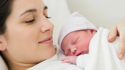 A loving mother gazes tenderly at her peacefully sleeping newborn baby, cradling the infant close to her heart