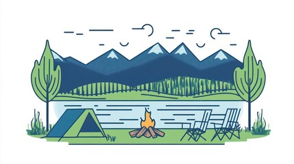 Naklejka premium Illustration of a camping scene with a tent, fire, chairs, and scenic mountain view