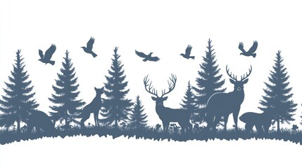Obraz premium Wildlife scene with deer, birds, fox among pines, in silhouette