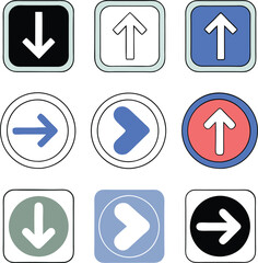 Collection of directional arrow icons in various shapes and colors silhouette