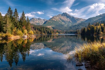 Mountain lake reflecting autumn colors