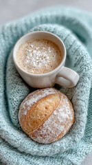 Aesthetic coffee with fresh bakery bread imagery.