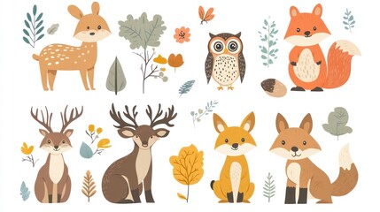 Collection of stylized woodland animals deer, foxes, owl, and foliage on white backdrop