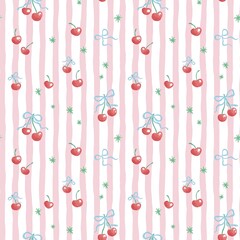 Cherry & Bow Stripe Hand Drawn Seamless Pattern - Pink Soft Wavy Stripes. Perfect for stationery, packaging, or fabric design.
