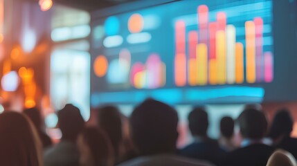 Engaging Presentation: Blurred image of audience watching a bright screen with graph during a business presentation, highlighting the importance of engaging with presentation materials.