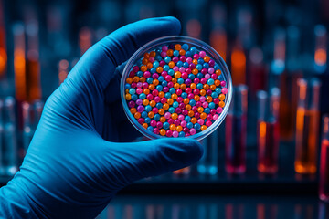 AI generated A gloved hand holds a petri dish filled with multicolored gel-like particles in a futuristic laboratory suggesting biotech research innovation and pharmaceutical precision