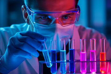 AI generated image showing a male scientist wearing safety glasses and gloves observing colorful glowing liquids in test tubes with intense concentration in a modern laboratory