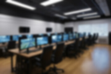 Obraz premium A dark gaming studio with sophisticated and modern equipment and a dark theme, many gaming computers lined up neatly in the room, wallpaper.