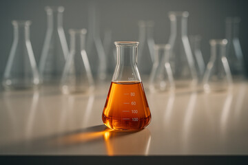 AI generated realistic image of a single Erlenmeyer flask with amber liquid on a glossy lab table surrounded by blurred empty glassware in a scientific environment