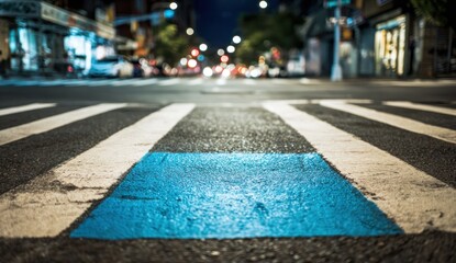 Night city street with painted blue square
