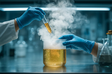 AI generated a vivid scene of two scientists performing a chemical experiment with vapor rising from a beaker in a controlled lab environment