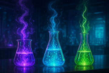 AI generated glowing chemical flasks emit mystical energy in a futuristic lab with fantasy mood combining science and magic in surreal colors