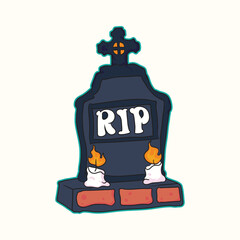 Funny Halloween gravestone sticker in cute cartoon style with RIP sign and burning candles ideal for spooky decorations invitations party designs greeting cards and creative seasonal projects