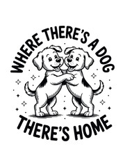 Cute Cartoon Dog Illustration – Hugging Puppies with Home Theme
