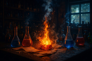 AI generated a vibrant fantasy lab scene with glowing flasks and fire sparks showing a thrilling chemical reaction moment