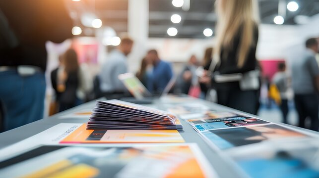 Event Marketing materials on display: showcasing colorful print material ready for the conference. A soft focus background suggesting people interacting around the conference. 