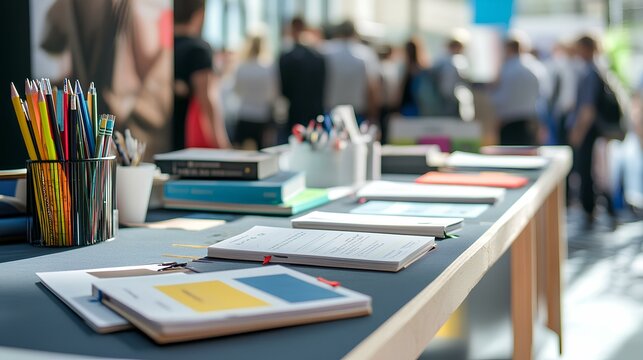 Open Day Info Table: An inviting information table is set with open notebooks, colorful pens, and informational materials, ready to welcome attendees at an open day event. - Powered by Adobe