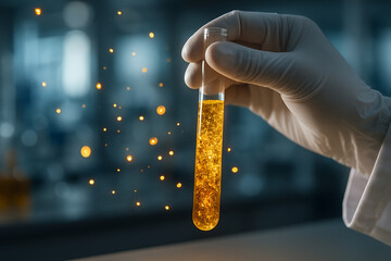 AI generated a close up of a gloved hand holding a glowing amber test tube in a futuristic science lab with floating golden particles