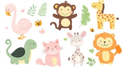 Obraz premium Cute, watercolor-style jungle animals, like a flamingo, monkey, and giraffe, plus foliage