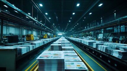 Naklejka premium Print Factory: A panoramic view of a modern print factory, with rows of freshly printed materials moving along conveyor belts, showcasing the industry's precision and efficiency.