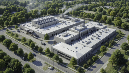 Aerial view of large industrial facility surrounded by lush greenery and trees, with visible smoke from chimneys and parked vehicles. building has modern design and is situated well planned area
