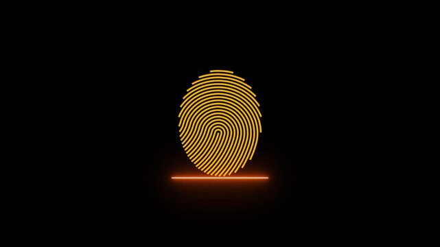 Neon finger print animation on black background. glowing fingerprint scanning icon motion. biometric scanner for identification video footage. Abstract fingerprint design.