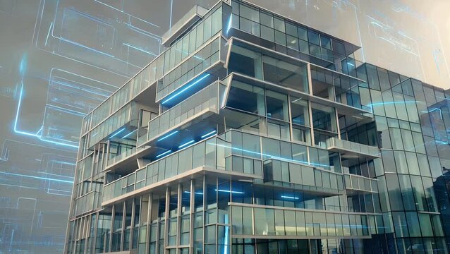 Futuristic Glass Skyscraper Architecture with Neon Grids and Modern Design