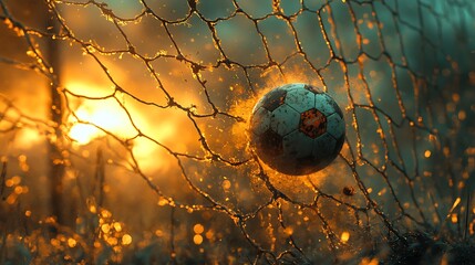 Mud-covered football slams tangled goal net pictures