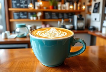 Intricate latte art in a teal ceramic cup sits on a coffee shop counter,  coffee beans,  surface