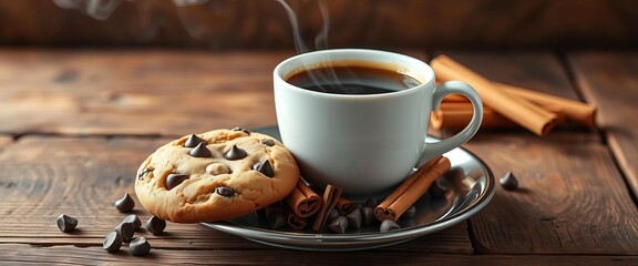 Steaming coffee, chocolate chip cookie, cinnamon sticks on rustic wood, delicious, bakery