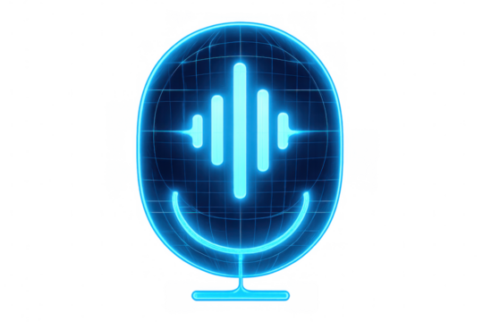 Futuristic neon blue microphone emitting sound waves, ideal for podcasting, radio, or audio-related projects, on a transparent background - Powered by Adobe