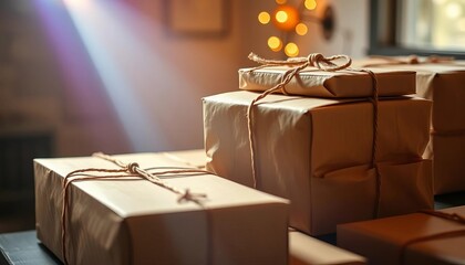 Rustic brown paper parcels, vibrant flash highlights delivery,  cardboard,  flash