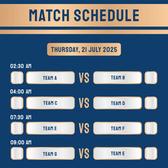 modern and futuristic match schedule template with elegant gold and blue elements on a blue background. for e-sport tournament, gaming, and sport competition