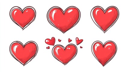 Six red hearts in varied styles sketched, glossy, and clustered, on a white background