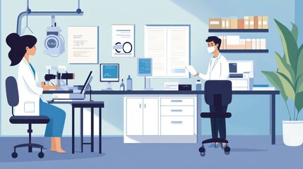 Ophthalmologists examining patient's eyes in a modern clinic.