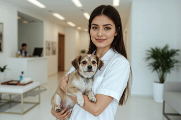 Ukrainian Veterinary Assistant Holding Dog in Bright Clinic Lobby with Soft Blurred Background