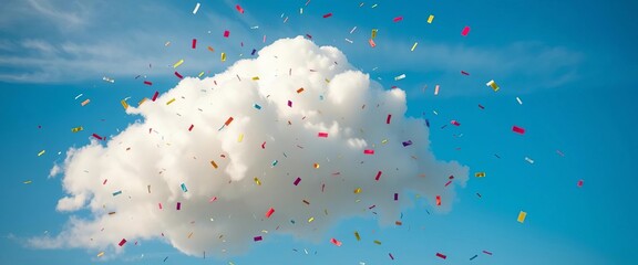 A whimsical fluffy white cloud sprinkled with vibrant confetti against a serene blue sky,  playful,  joy