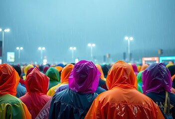 Vibrant plastic ponchos gleam under rainy skies, a crowd huddled together, soaked, atmosphere