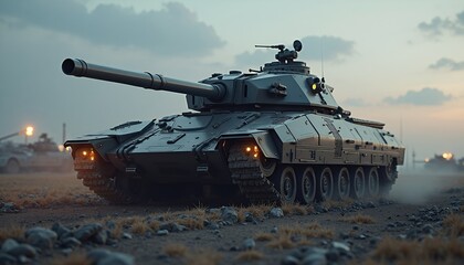 Fototapeta premium Futuristic Military Tank on Desert Landscape