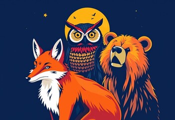 Vibrant stylized fox, owl, and bear on deep indigo ,  colorful animals,  fox