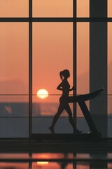 Silhouette of a woman on a treadmill against a vibrant sunset, embodying health and fitness within a modern, sunlit gym setting.