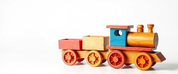 A vibrant, single wooden train toy on white background,  cute,  bright colors