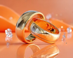 Two gold wedding rings on an orange background