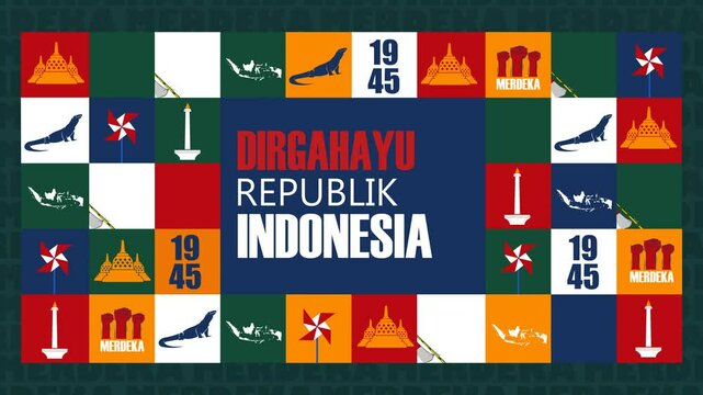 Looping animated 4K video celebrating Indonesian Independence Day with flat-style icons: flags, Borobudur, Komodo, Monas, and fists of freedom in bold red, white, blue, green, and orange blocks.