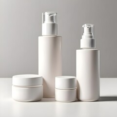 Minimal Skincare Containers – White Cosmetic Bottles and Jars on Neutral Background"
