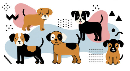 Obraz premium Five adorable cartoon puppies, various breeds, standing against a playful geometric background.