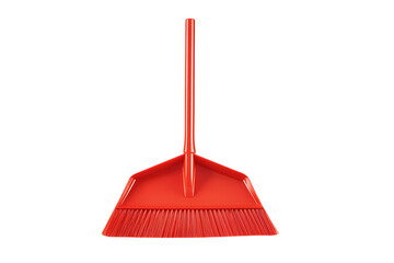 A bright red plastic push broom isolated on black.
