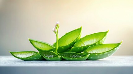 Fresh Aloe Vera Leaves with Flower Bud in Natural Light – Herbal Skincare, Organic Healing, and Botanical Wellness Concept.

