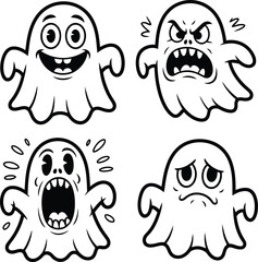 Four cartoon ghosts expressing different emotions like happy angry scared and sad
