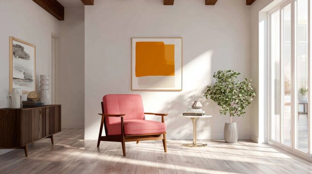 Mid century modern pink armchair in bright living room with wooden sideboard and abstract art
